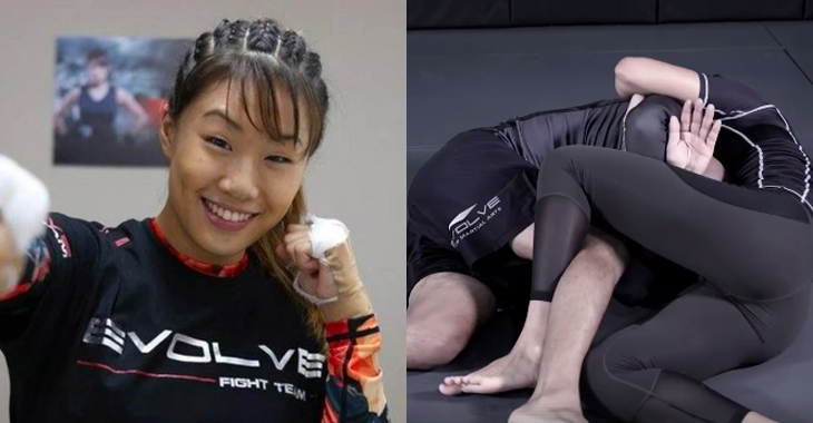 Angela Lee demonstrating anaconda choke