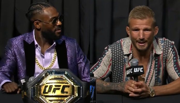 Aljamain Sterling and T.J. Dillashaw at the UFC 280 press conference