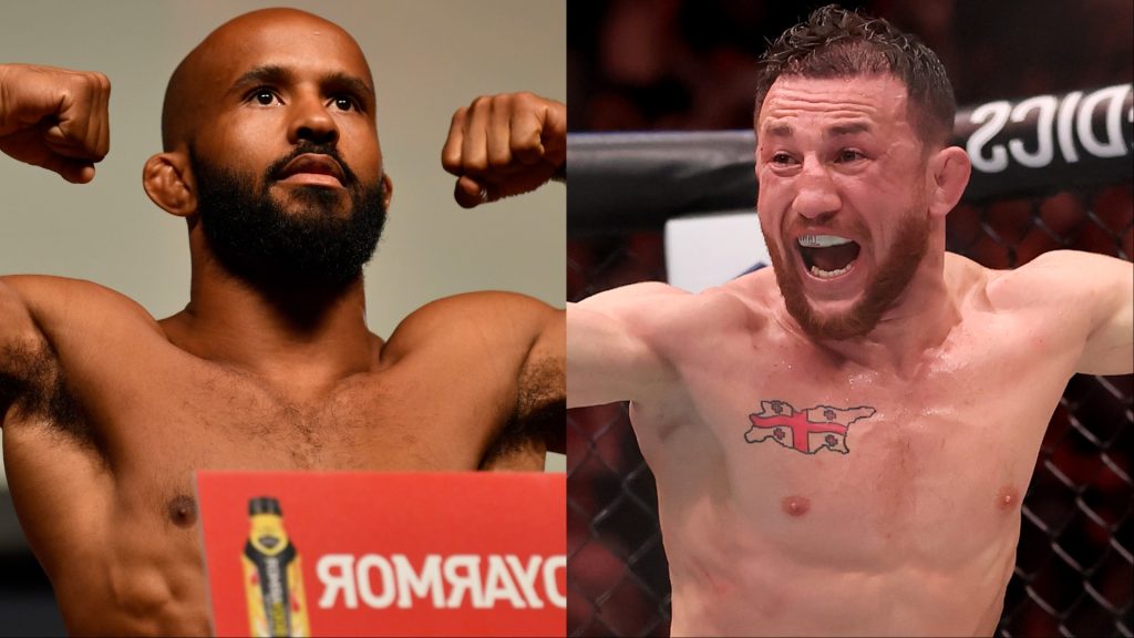 Demetrious Johnson poses on the scale at the UFC 227 weigh-in, opposite Merab Dvalishvili after his win at UFC 316