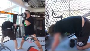 Colby Covington spars with influencer Chrogman, opposite Chrogman vomiting in the cage