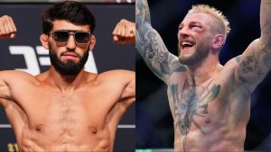 Arman Tsarukyan appears at the UFC 317 official weigh-in, opposite Dan Hooker after his win at UFC 305