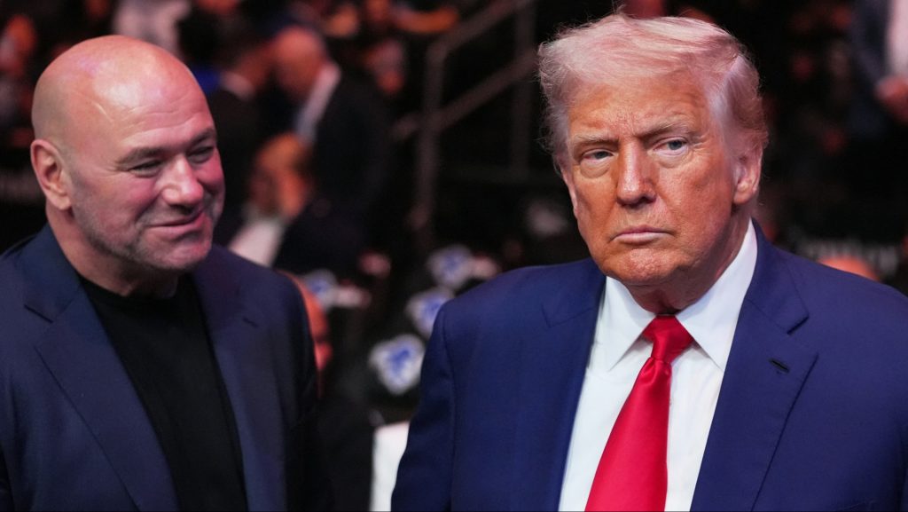 Dana White and U.S. President Donald Trump appear cageside at UFC 314 in Miami, Florida