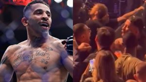 Carlos Prates reacts after a win at UFC 319, opposite Prates in an altercation at the UFC Paris ceremonial weigh-in