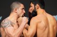 Robert Whittaker and Khamzat Chimaev face off at the UFC 308 ceremonial weigh-in