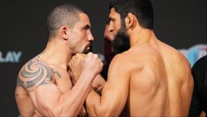 Robert Whittaker and Khamzat Chimaev face off at the UFC 308 ceremonial weigh-in