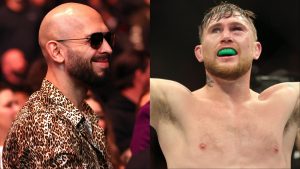 Andrew Tate appears cageside while attending UFC 313, opposite Darren Till in the Octagon at UFC 269