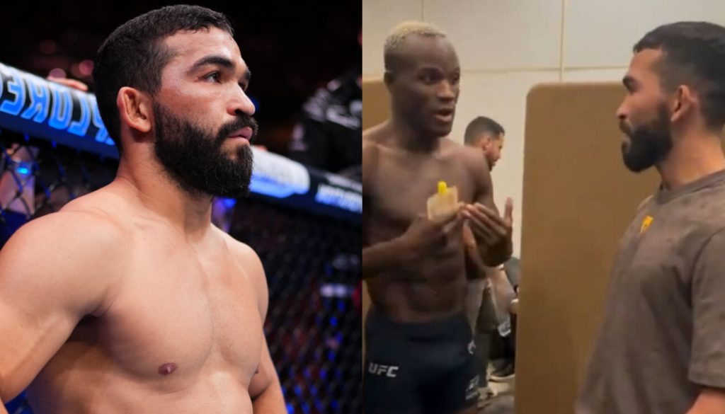 Patricio 'Pitbull' Freire enters the Octagon for his fight at UFC 318, opposite Freire and Losene Keita speaking backstage at the UFC Paris weigh-in