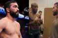 Patricio 'Pitbull' Freire enters the Octagon for his fight at UFC 318, opposite Freire and Losene Keita speaking backstage at the UFC Paris weigh-in