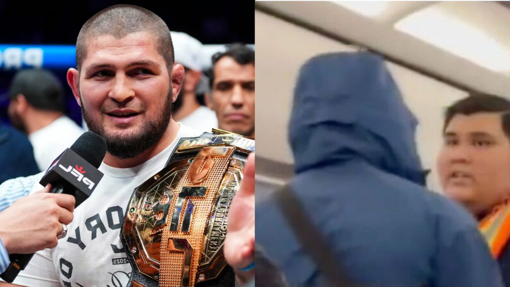 Khabib Nurmagomedov holds a PFL belt, opposite Nurmagomedov being removed from a Frontier Airlines flight