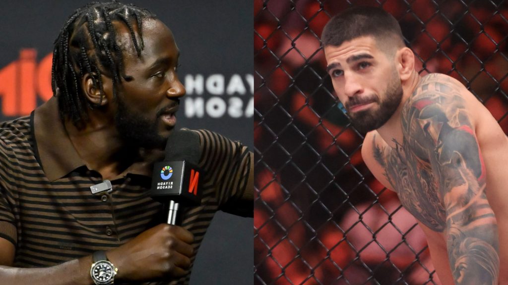 Terence Crawford speaks at a pre-fight press conference, opposite Ilia Topuria in the cage at UFC 317