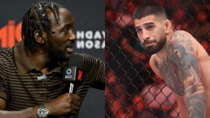 Terence Crawford speaks at a pre-fight press conference, opposite Ilia Topuria in the cage at UFC 317