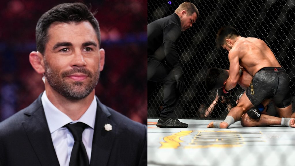 Dominick Cruz commentates cageside at UFC 318, opposite Henry Cejudo punching Cruz at UFC 249