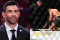 Dominick Cruz commentates cageside at UFC 318, opposite Henry Cejudo punching Cruz at UFC 249