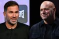 Eddie Hearn speaks at a press conference, opposite Dana White on stage at a media event
