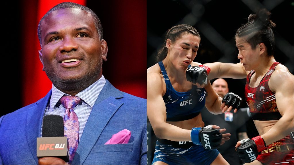 Din Thomas commentates at a UFC BJJ event, opposite Zhang Weili punching Tatiana Suarez during their fight at UFC 312