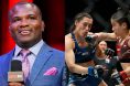 Din Thomas commentates at a UFC BJJ event, opposite Zhang Weili punching Tatiana Suarez during their fight at UFC 312