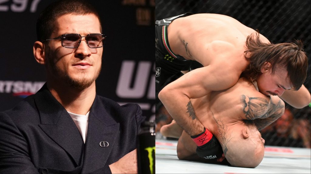 Movsar Evloev appears at the UFC 297 press conference, opposite Diego Lopes wrestling Jean Silva at Noche UFC