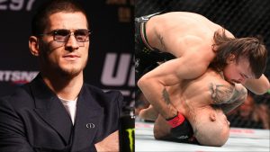 Movsar Evloev appears at the UFC 297 press conference, opposite Diego Lopes wrestling Jean Silva at Noche UFC