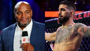 Daniel Cormier commentates cageside during Dana White's Contender Series, opposite Ilia Topuria entering the Octagon at UFC 317