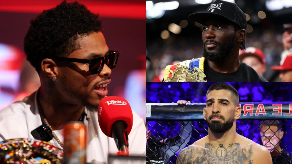 Shakur Stevenson answers a question during a press confrence, opposite Terence Crawford at Allegiant Stadium, and Ilia Topuria in the cage at UFC 317