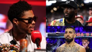 Shakur Stevenson answers a question during a press confrence, opposite Terence Crawford at Allegiant Stadium, and Ilia Topuria in the cage at UFC 317