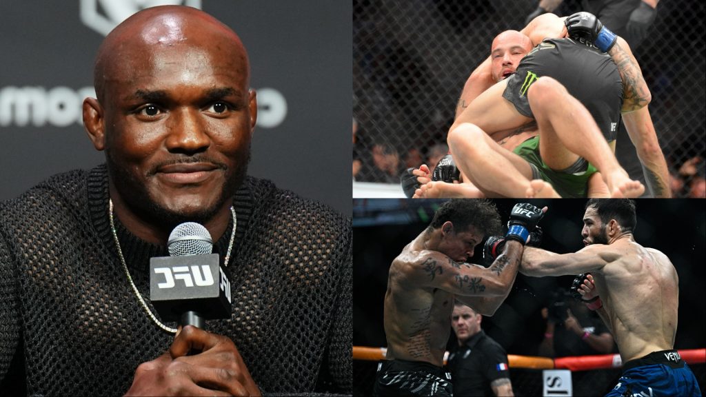 Kamaru Usman speaks during the UFC 294 press conference, opposite Jean Silva grappling with Diego Lopes, and Nassourdine Imavov punching Caio Borralho