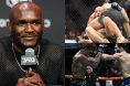 Kamaru Usman speaks during the UFC 294 press conference, opposite Jean Silva grappling with Diego Lopes, and Nassourdine Imavov punching Caio Borralho