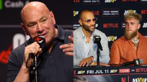Dana White speaks at the Canelo-Crawford press conference, opposite Jake Paul and manager Nakisa Bidarian after Paul's win over Julio Cesar Chavez Jr.