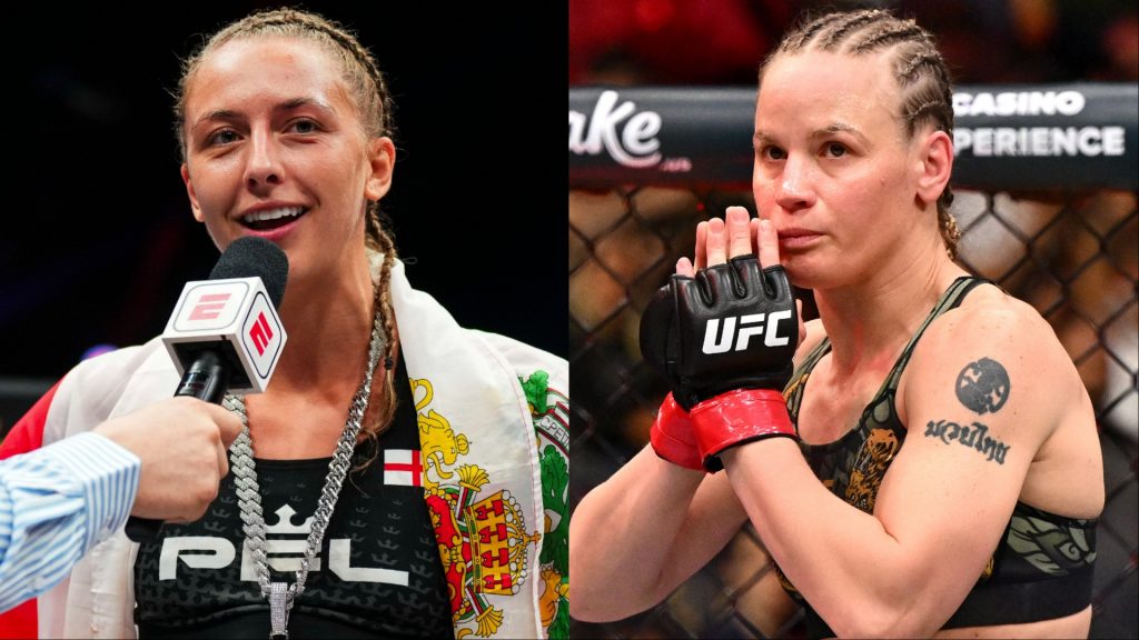 Dakota Ditcheva speaks during a PFL post-fight interview, opposite Valentina Shevchenko in the cage for her fight at UFC 315