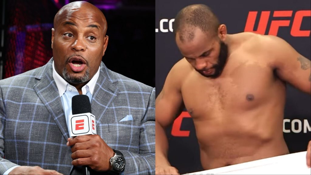 Daniel Cormier commentates cageside at UFC 319, opposite Cormier at the official weigh-in for UFC 210