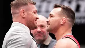 Conor McGregor and Michael Chandler face off on the set of The Ultimate Fighter 31 with Dana White