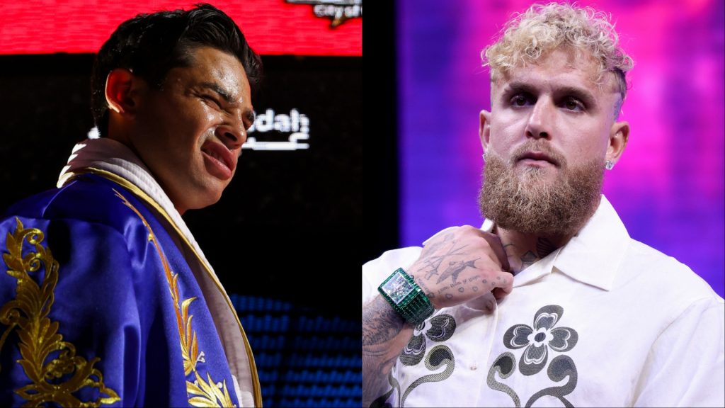 Ryan Garcia walks to the ring for his fight against Rolando Romero, opposite Jake Paul at a press conference
