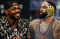 Jon Jones appears at a UFC 285 press conference, opposite Gable Steveson at the 2025 NCAA Wrestling Championships