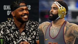 Jon Jones appears at a UFC 285 press conference, opposite Gable Steveson at the 2025 NCAA Wrestling Championships