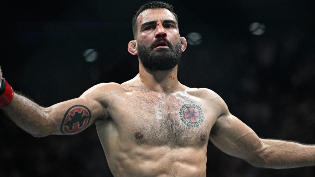 Benoit Saint-Denis celebrates after defeating Mauricio Ruffy at UFC Paris