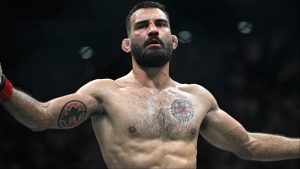 Benoit Saint-Denis celebrates after defeating Mauricio Ruffy at UFC Paris