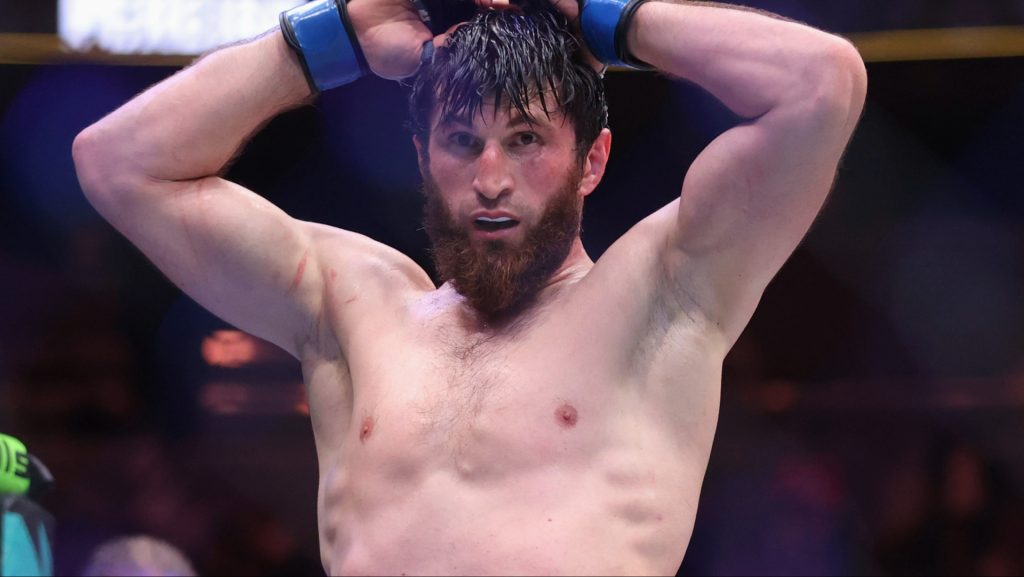 Magomed Ankalaev reacts following Round 5 of his fight at UFC 313