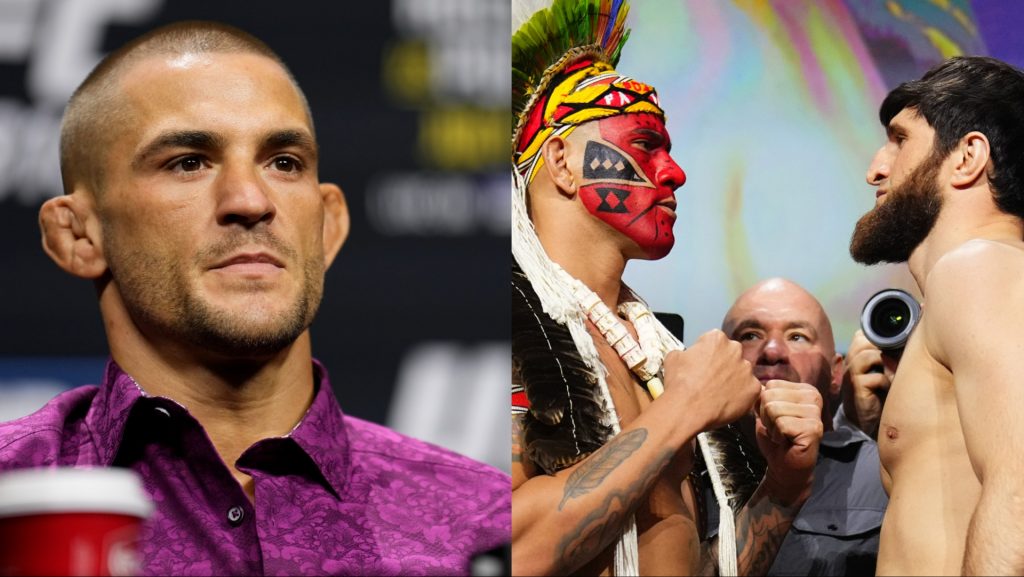 Dustin Poirier appears at the UFC 318 press conference, opposite Alex Pereira and Magomed Ankalaev facing off at the UFC 313 ceremonial weigh-in