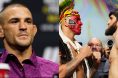 Dustin Poirier appears at the UFC 318 press conference, opposite Alex Pereira and Magomed Ankalaev facing off at the UFC 313 ceremonial weigh-in