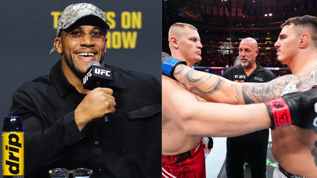 Ciryl Gane appears at a UFC 321 press conference, opposite Tom Aspinall embracing Sergei Pavlovich before their fight at UFC 295