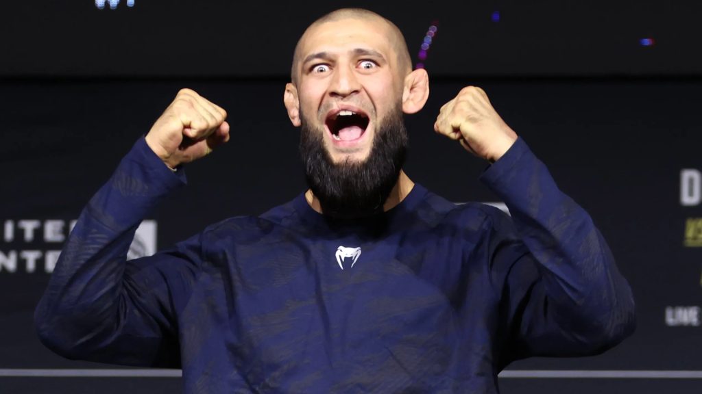 Khamzat Chimaev reacts during a UFC 319 press conference