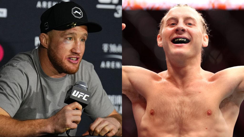 Justin Gaethje speaks at the UFC 313 post-fight press conference, opposite Paddy Pimblett in the Octagon at UFC 314