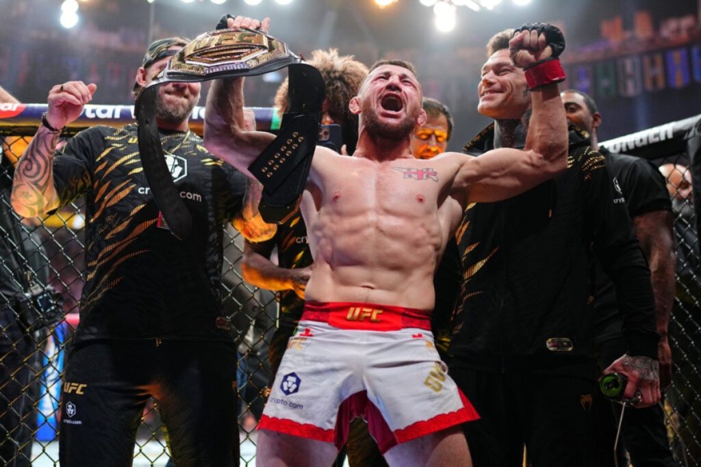 Merab Dvalishvili celebrates UFC 320 win