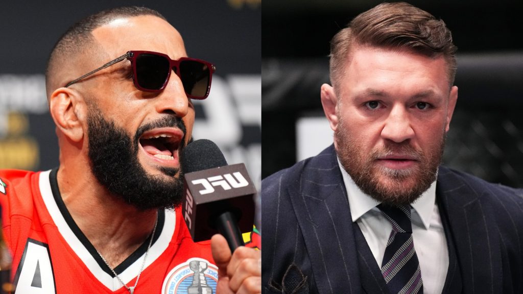 Belal Muhammad speaks at the UFC 315 press conference, opposite Conor McGregor on the set of The Ultimate Fighter 31