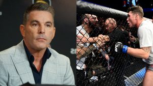 BKFC head David Feldman appears at a press conference, opposite an altercation between Darren Till and Mike Perry