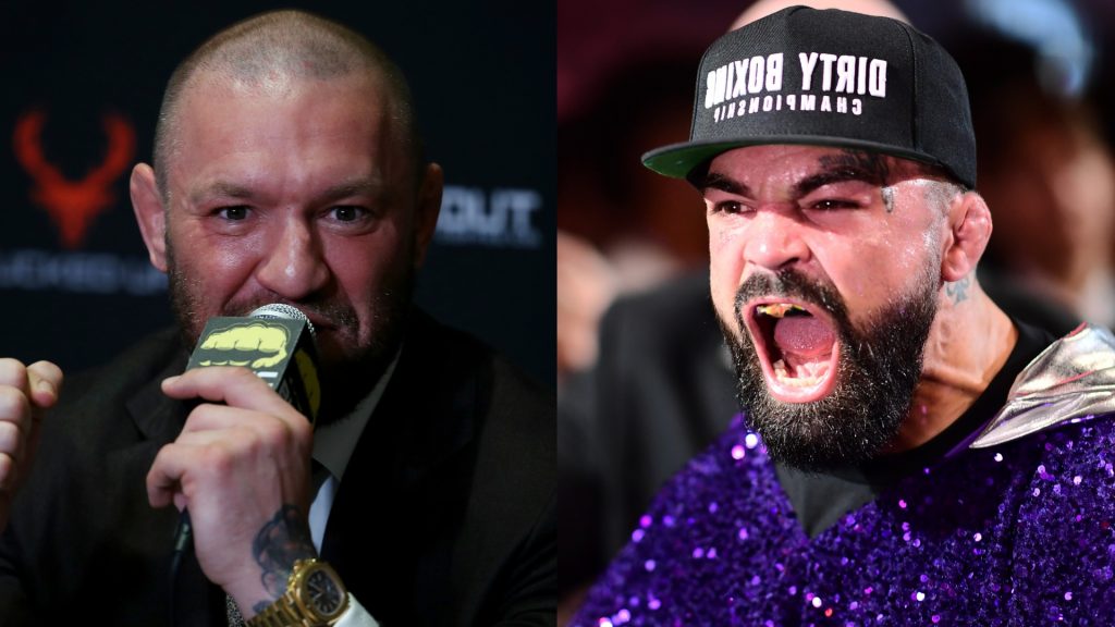 Conor McGregor speaks at a BKFC press conference, opposite Mike Perry walking to the ring for his boxing match against Jake Paul