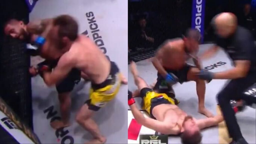 Sergio Pettis lands a spinning elbow on opponent Magomed Magomedov, opposite Pettis punching a flattened Magomedov