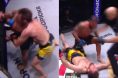 Sergio Pettis lands a spinning elbow on opponent Magomed Magomedov, opposite Pettis punching a flattened Magomedov