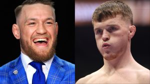 Conor McGregor appears at a press conference, opposite Paul Hughes in the PFL SmartCage