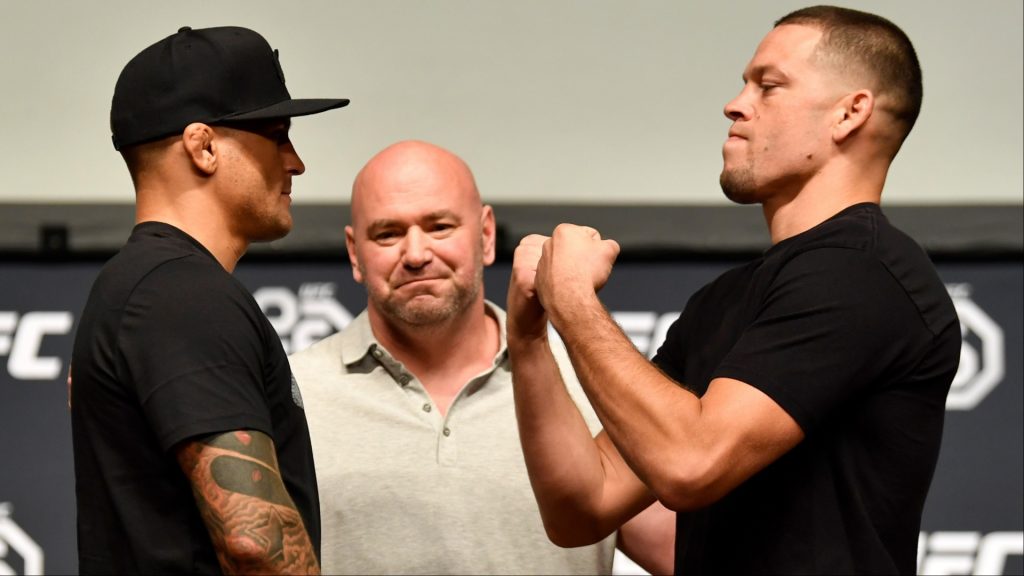 Dustin Poirier and Nate Diaz face off at a UFC press conference